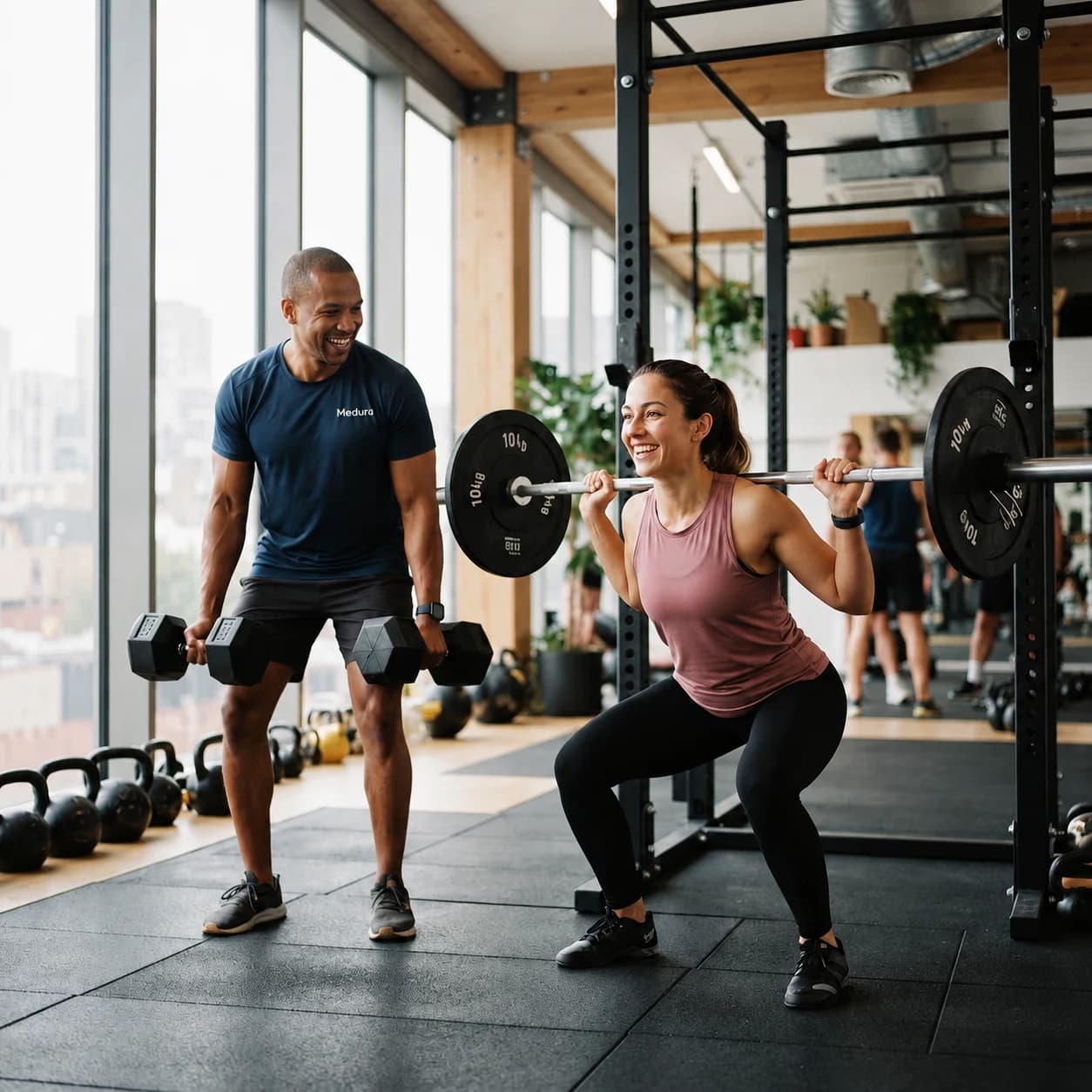 A man and woman working out together in a bright modern gym
