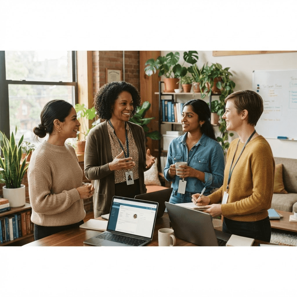 A warm, diverse telehealth care team talking together in a bright office
