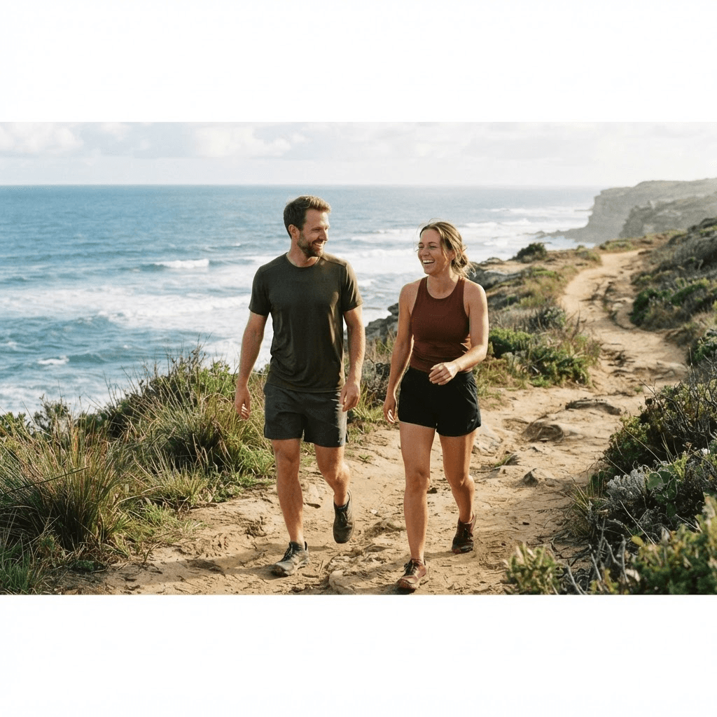 A man and woman in workout outfits walking a beach trail together