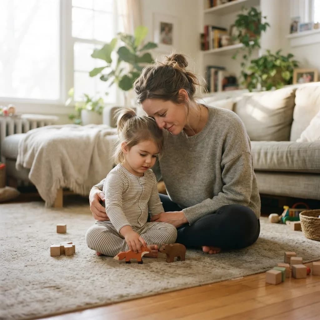 A parent and their young child sitting together on the floor at home, foreheads gently touching