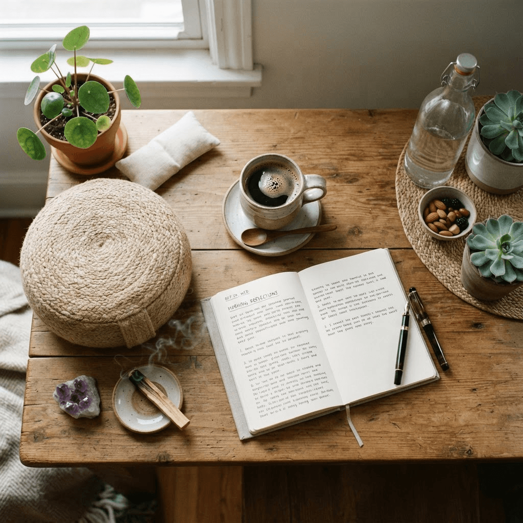 A person journaling near a sunny window with a cup of tea