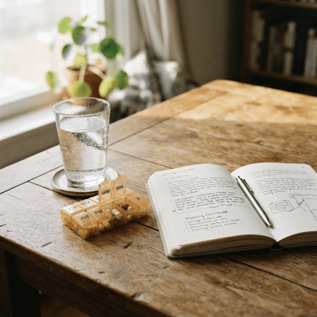 A glass of water, a pill organizer, and a notebook on a sunlit table