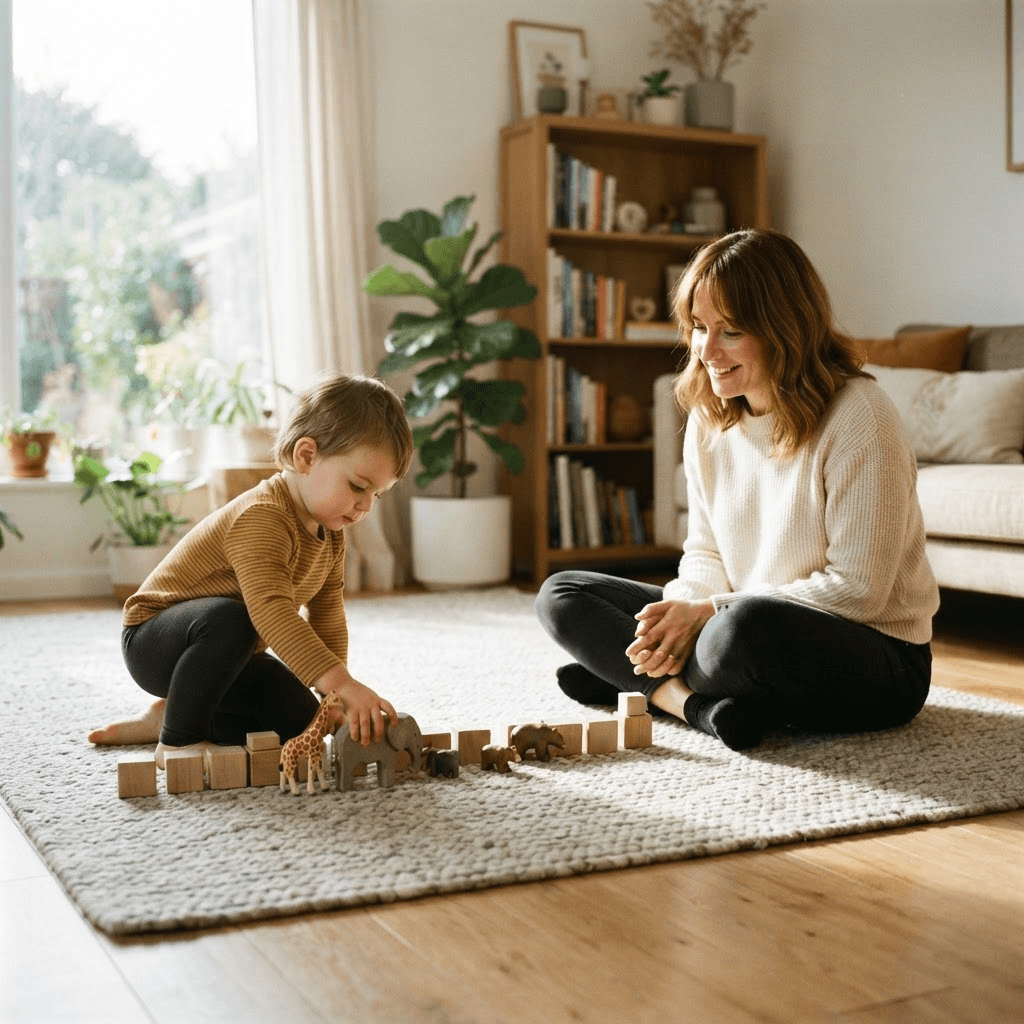 A parent sitting on a living room rug gently observing a toddler lining up wooden toy blocks