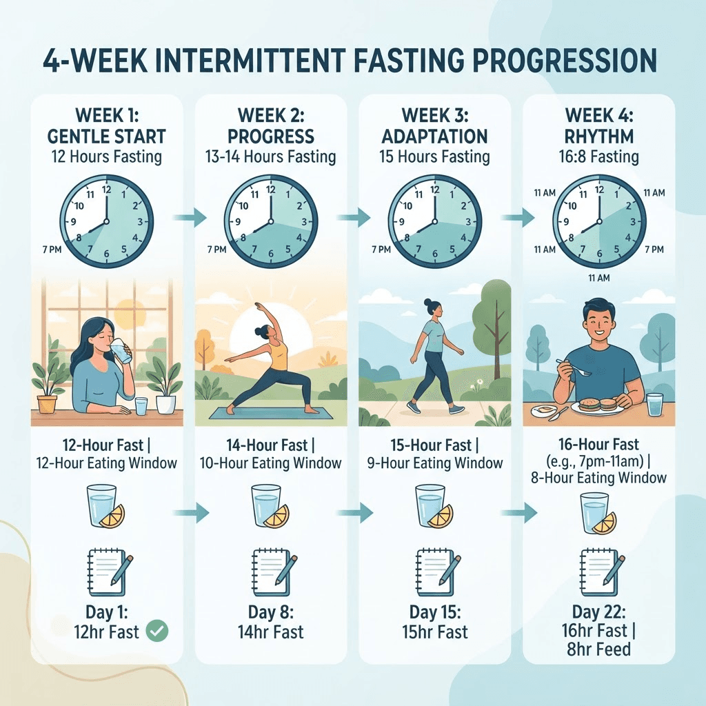Illustration showing a 4-week fasting progression from 12 hours to 16 hours with clock timers, water glass, and tracking notebook