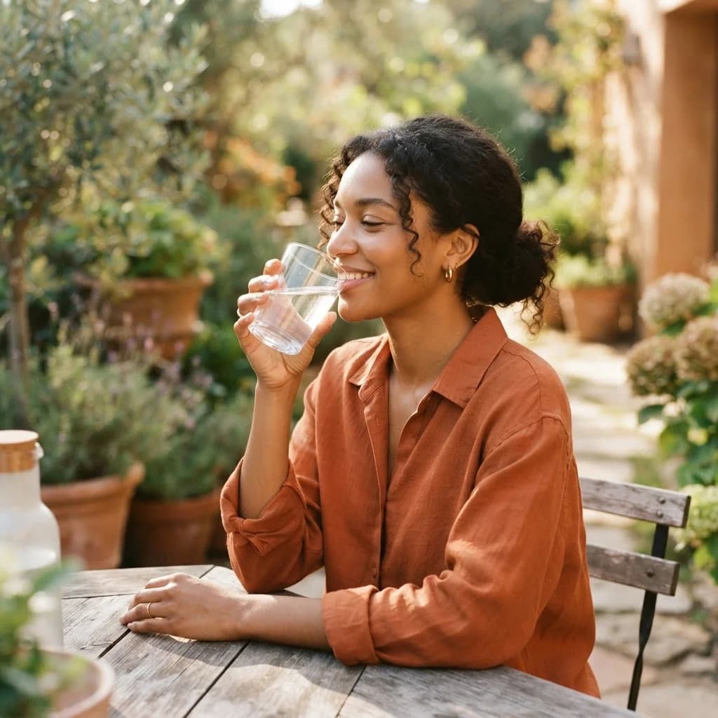Person drinking water outdoors as part of a daily hydration routine