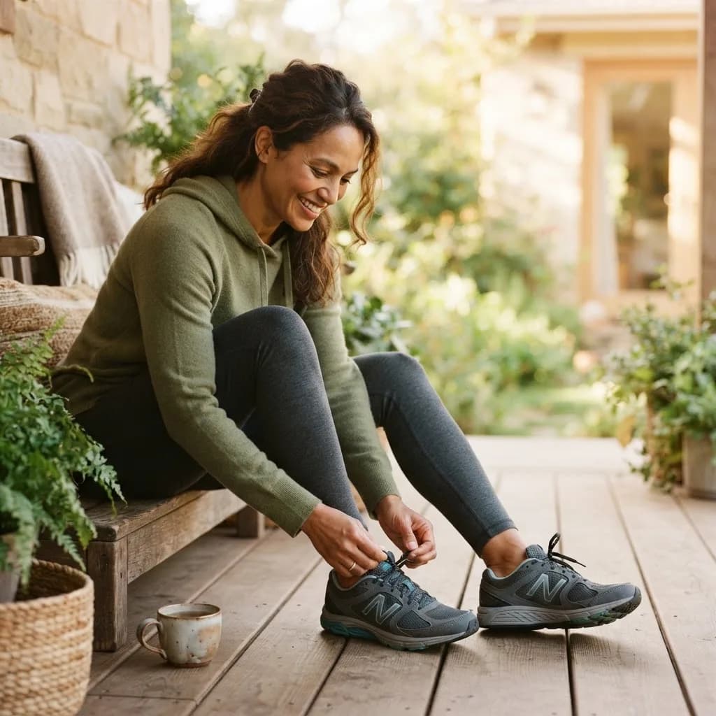 A person in everyday athletic clothing lacing up their shoes in warm morning light, ready to start their day