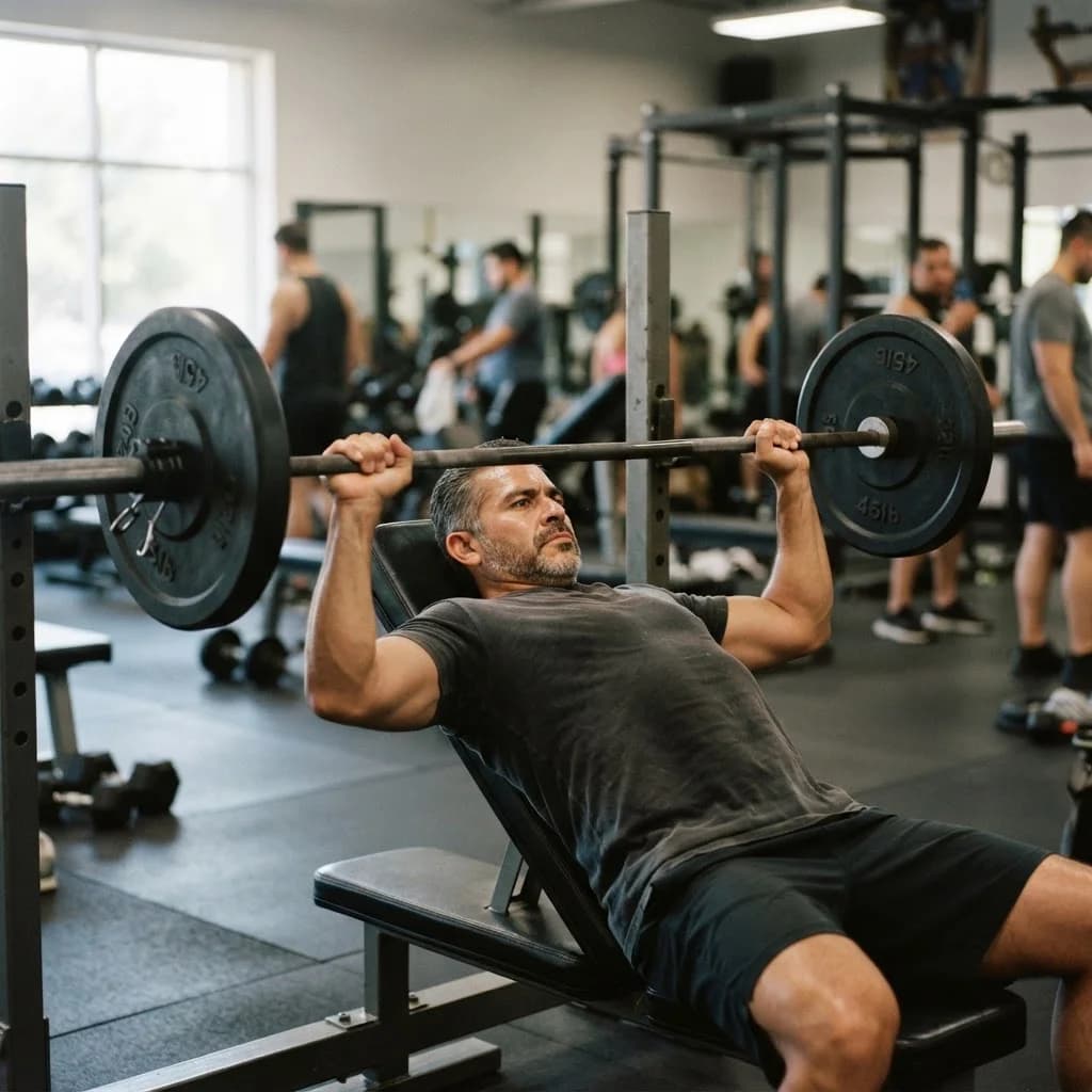 A fit Hispanic man in his early 50s bench pressing in a clean well-lit gym