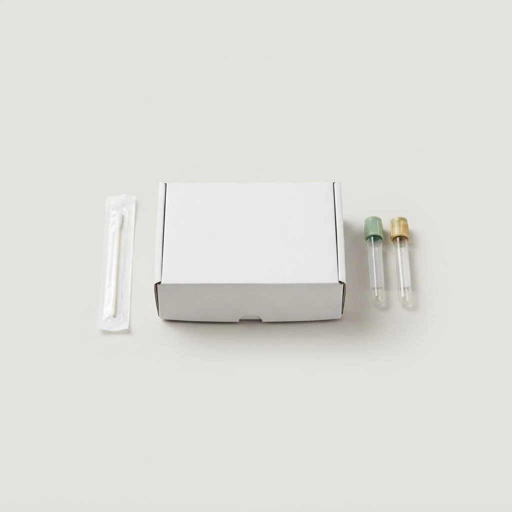A modern at-home health lab collection kit with vials and swab