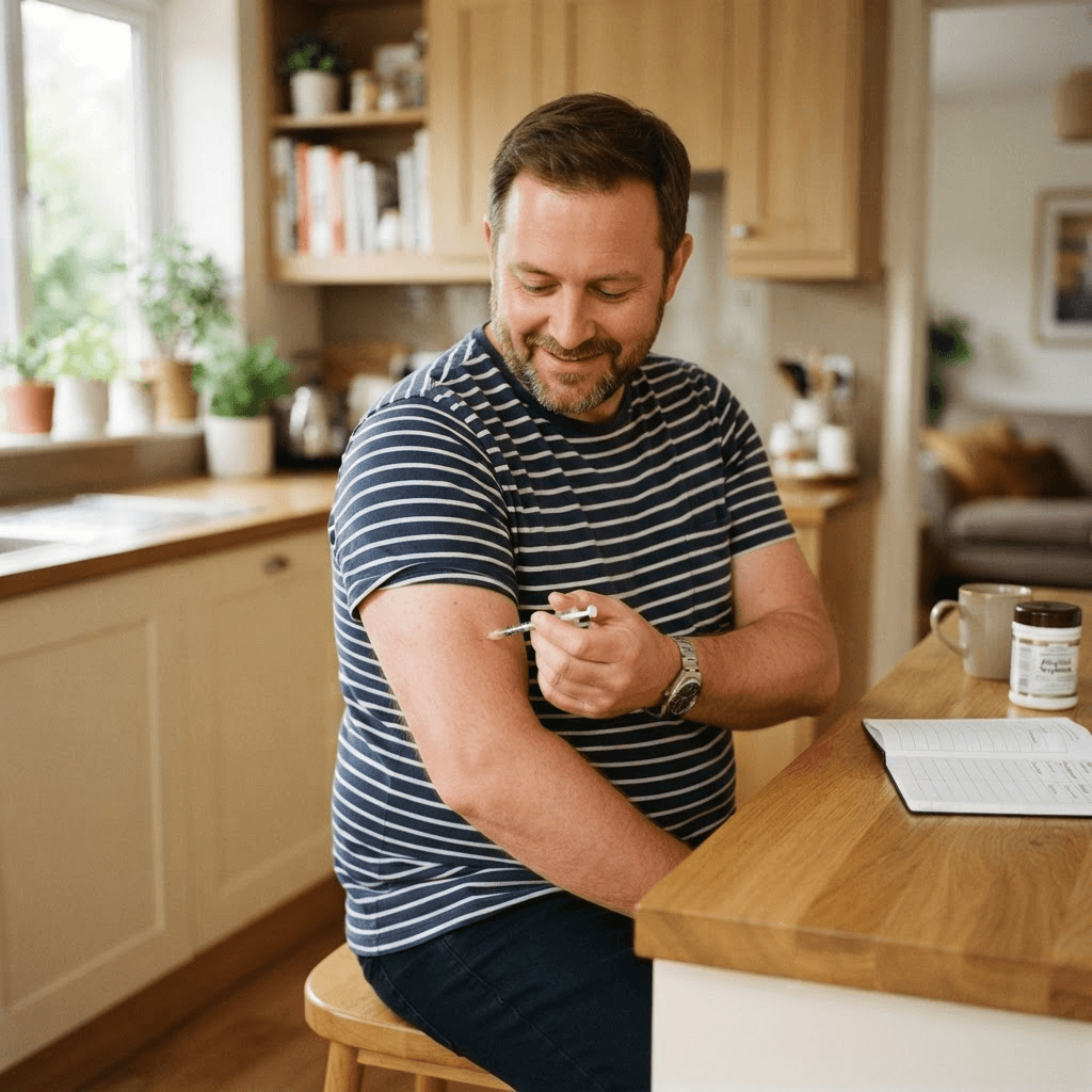 A man giving himself an injection in a bright, warm kitchen, smiling confidently