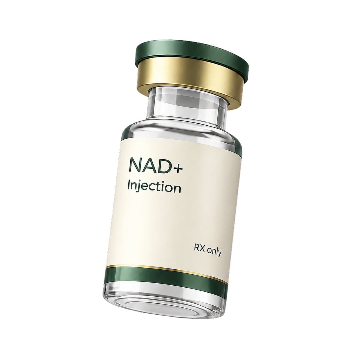 A NAD+ injection vial with a green cap and gold band on a warm wood surface