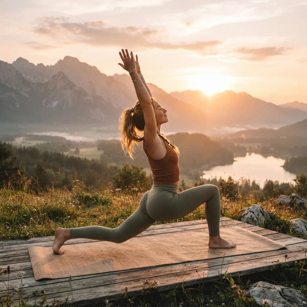 A young athletic person stretching outdoors on a yoga mat at sunrise