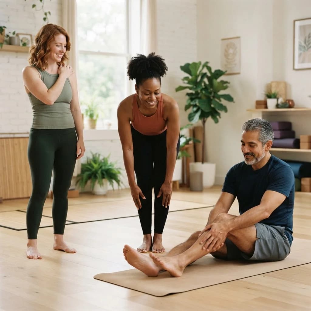 People in a wellness studio stretching and applying gel to muscles