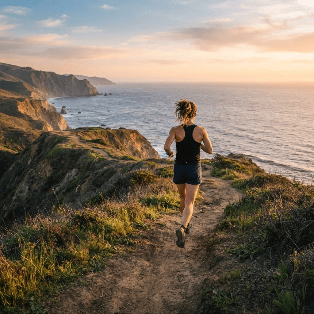 Person running along a coastal path at golden hour