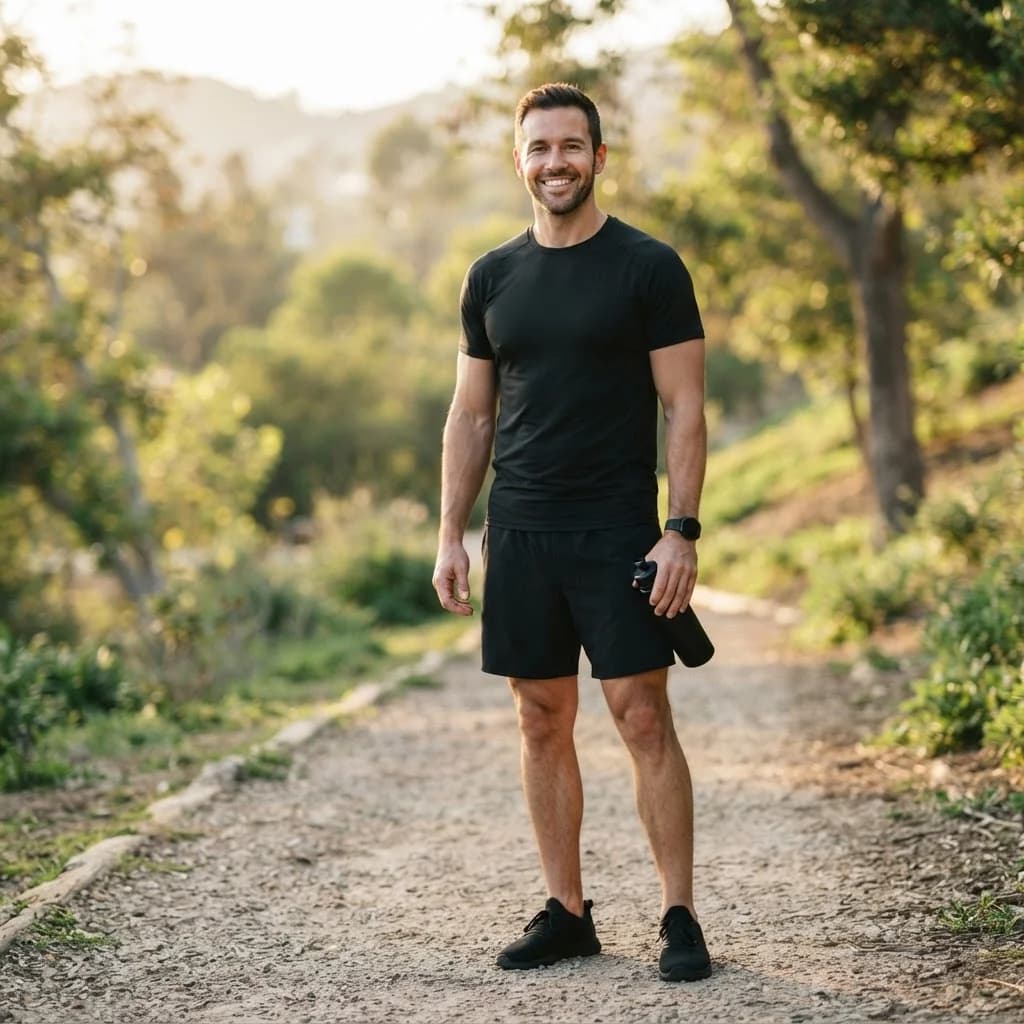 A man in black workout gear smiling outdoors