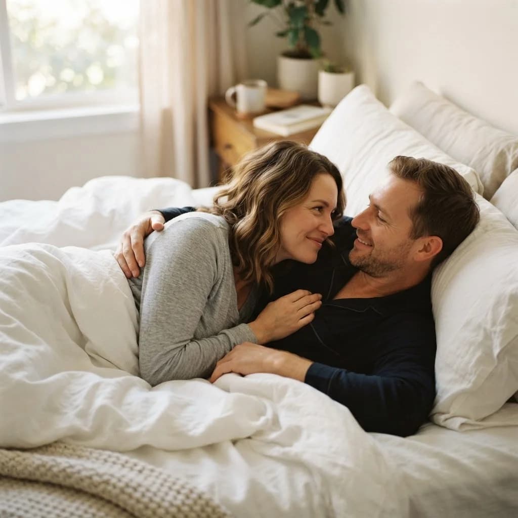 A couple relaxed and close together in soft warm bedroom light, conveying intimacy and ease