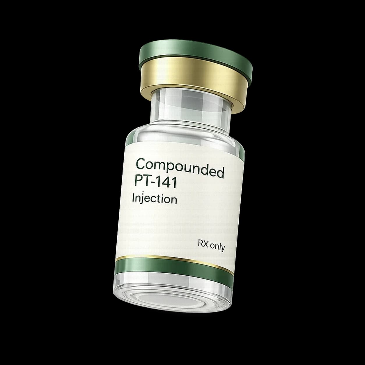 A small pharmaceutical vial of PT-141 on a warm neutral surface with soft natural lighting