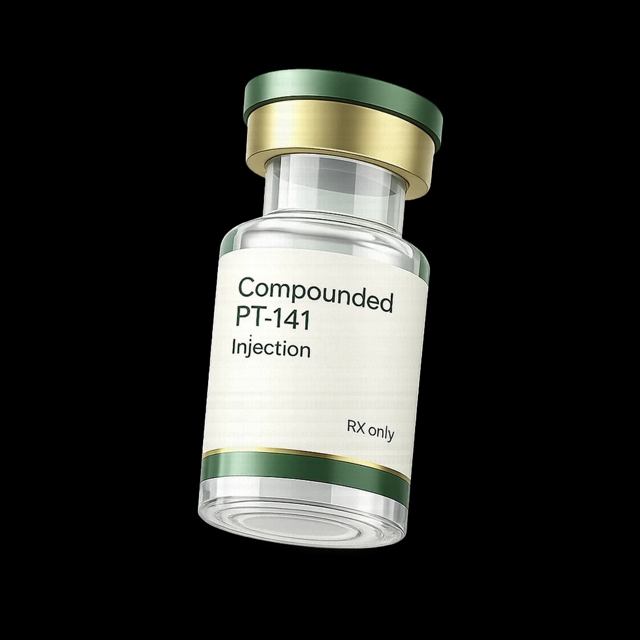A small pharmaceutical vial of PT-141 on a warm neutral surface with soft natural lighting