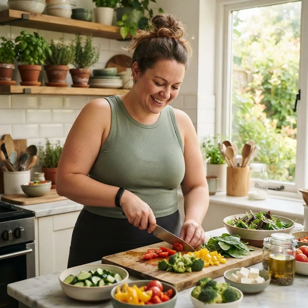 A woman smiling while preparing a healthy colorful meal in a bright kitchen