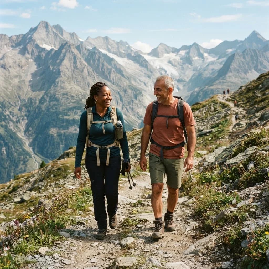 A Black woman and a Middle Eastern man hiking together on a mountain trail, smiling and energetic in natural daylight