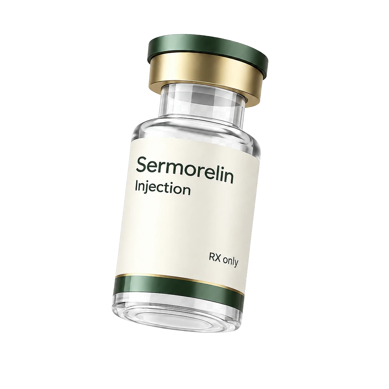 A small clear glass pharmaceutical vial with a white rubber stopper and a syringe on a warm off-white surface