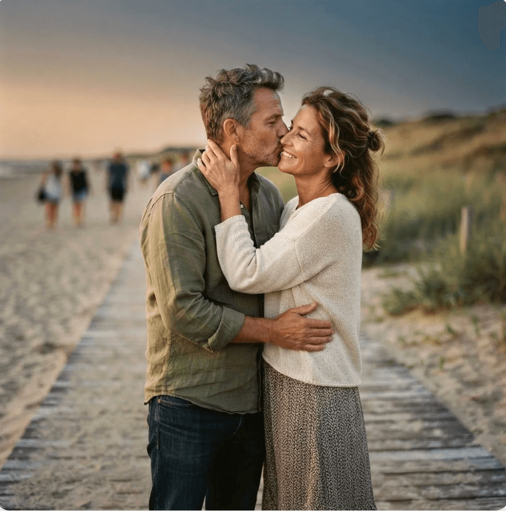A couple embracing on a beach boardwalk at dusk, man kissing woman on the cheek