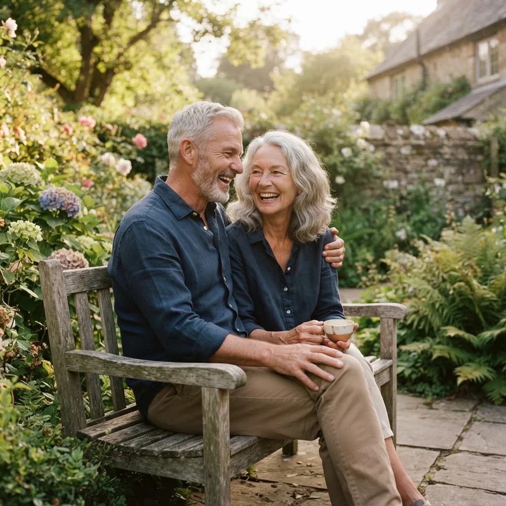 An older couple with grey hair laughing together on a porch in warm afternoon light