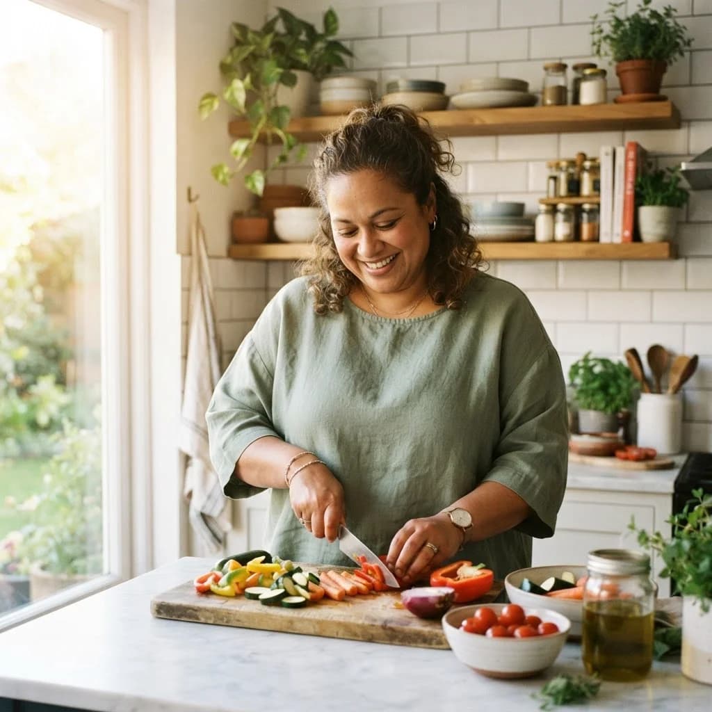 A woman smiling while preparing a healthy colorful meal in a bright kitchen