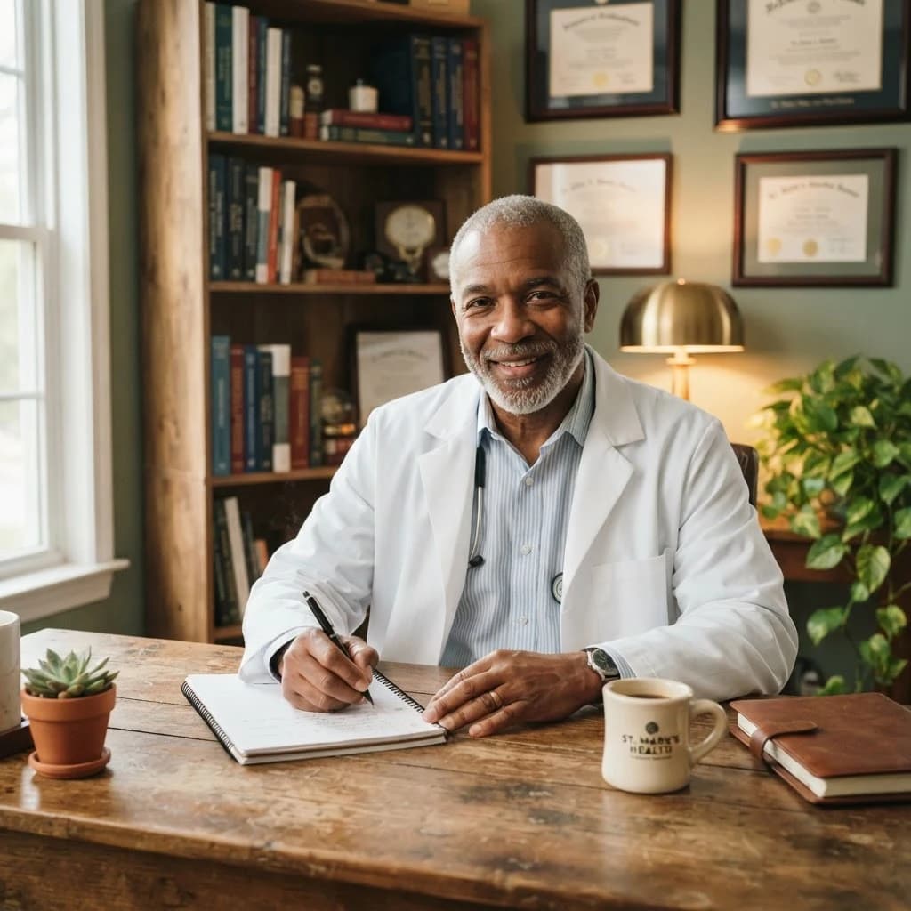 A licensed physician reviewing patient notes in a private office