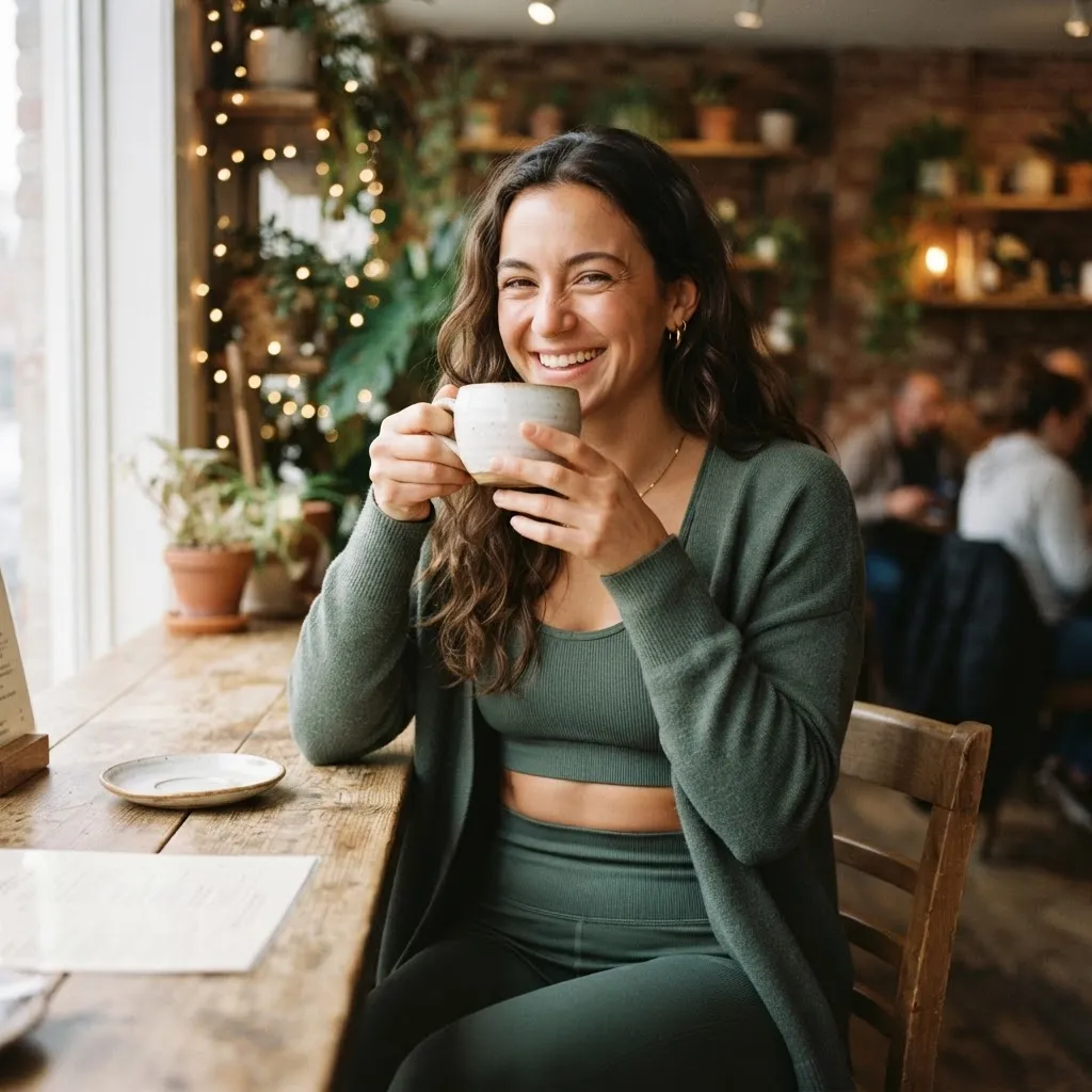 A smiling patient in a workout outfit enjoying a cup of coffee at a cafe